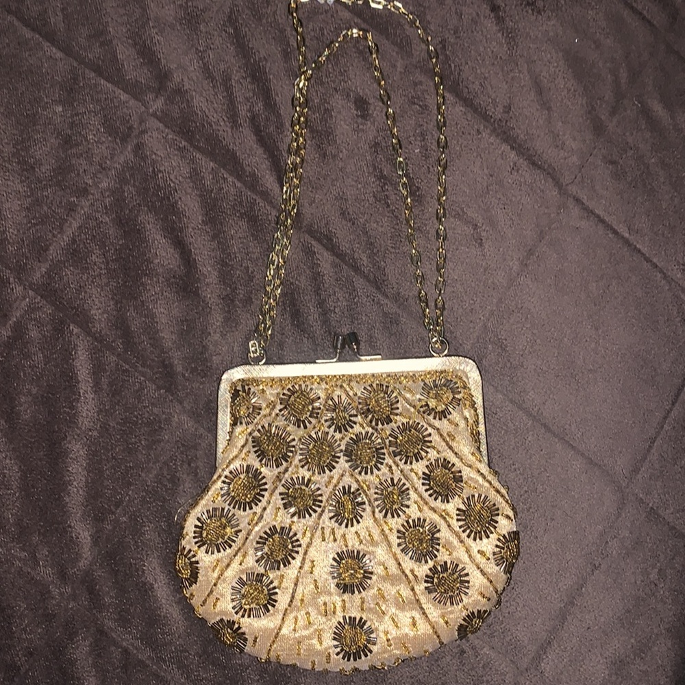 Vintage Richere Gold Sequin Beaded Evening Clutch / Bag Gold Chain and Clasp